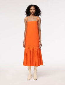 Another Tomorrow Gathered Flounce Dress in Tangerine – Cotton Women's Dress