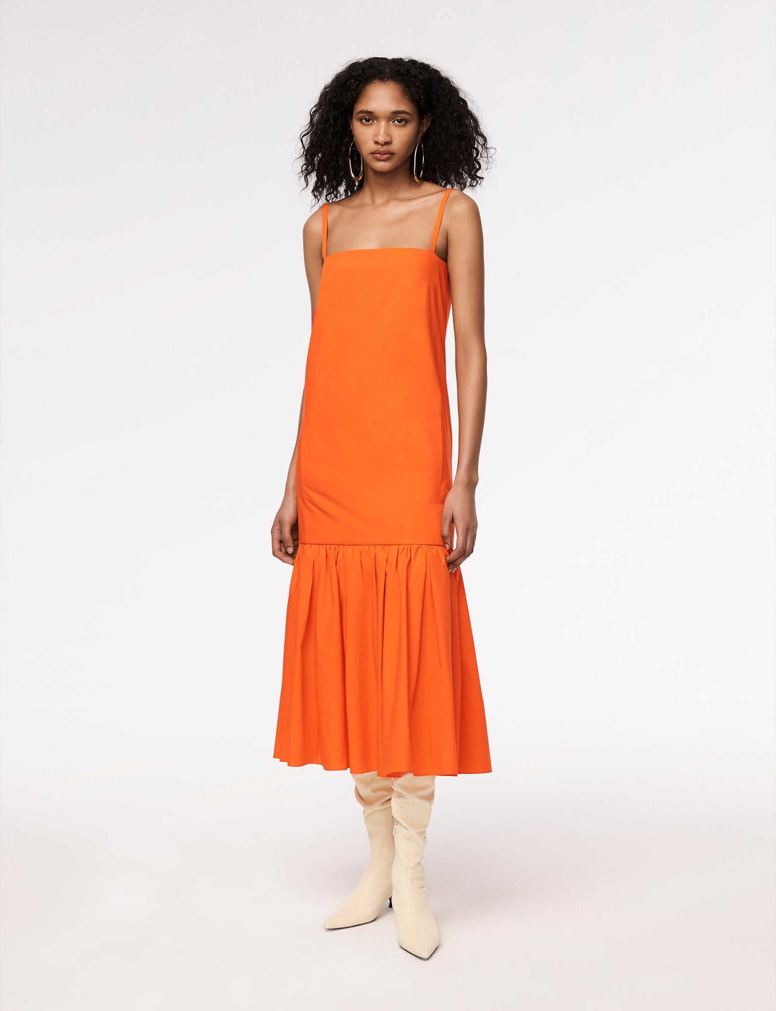 Another Tomorrow Gathered Flounce Dress in Tangerine – Cotton Women's Dress