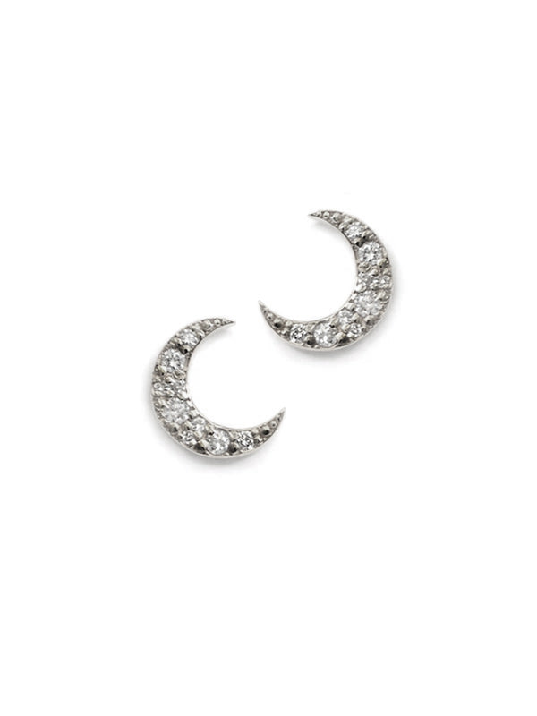 Aztec Large Moon Crescent Studs | White Sapphire | 925 Rhodium Plated Sterling Silver