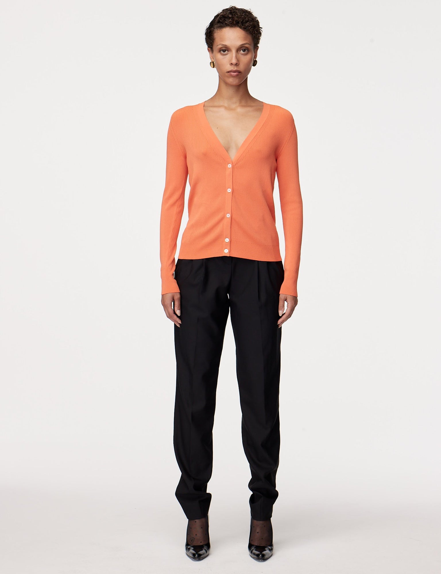 Another Tomorrow Ribbed Cardigan in Tangerine – Viscose Women's Knitwear