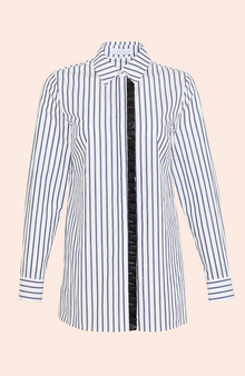 Striped Poplin Leather Detail Top | Navy/White