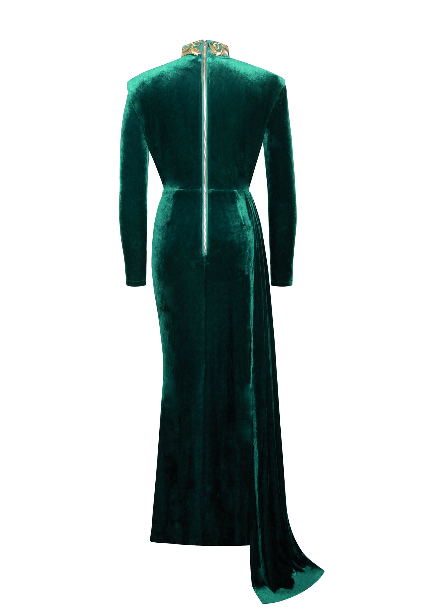 Zenaida Emerald Cutout High Slit Velvet Gown | Green