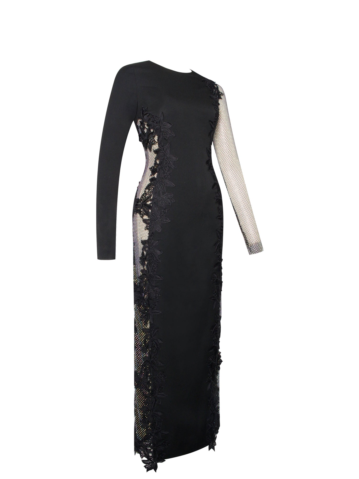 Bailey Lace Trim Crystal Net Cutout Long Sleeve Gown | Black