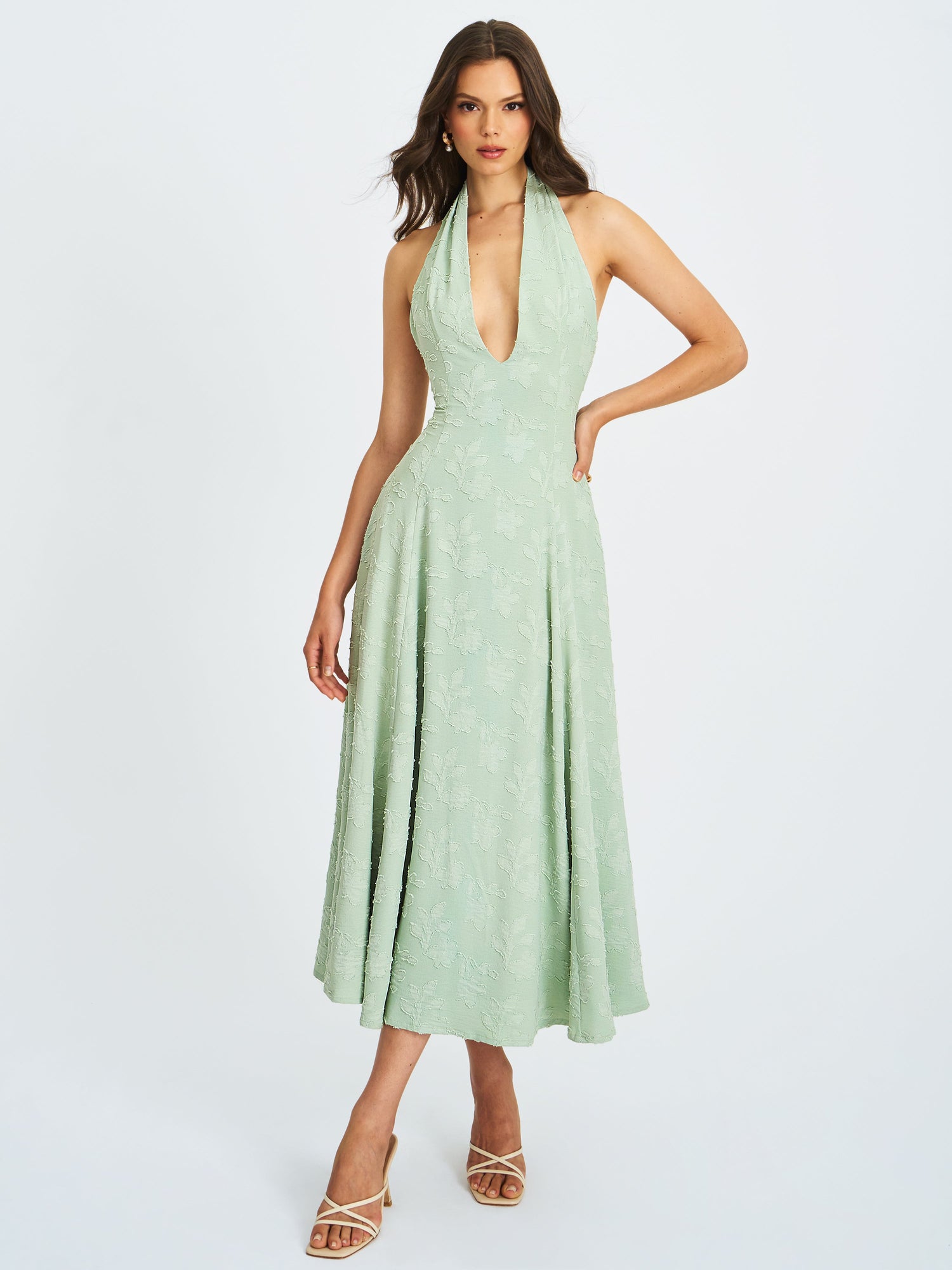 Magda Deep V Neck Halter A-line Midi Dress | Mint Green