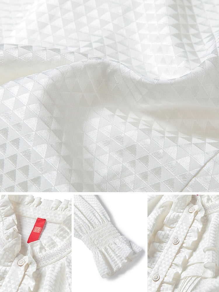 Ruffle-Collar Geometric Jacquard Blouse | White