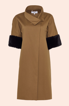 Twill Coat with Fur Cuffs | Camel