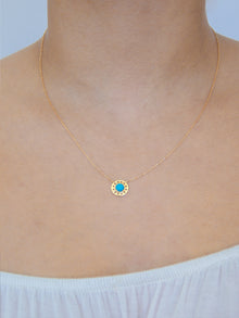 Aztec Mini Disk Necklace | Turquoise Cabochon | 14K Yellow Gold