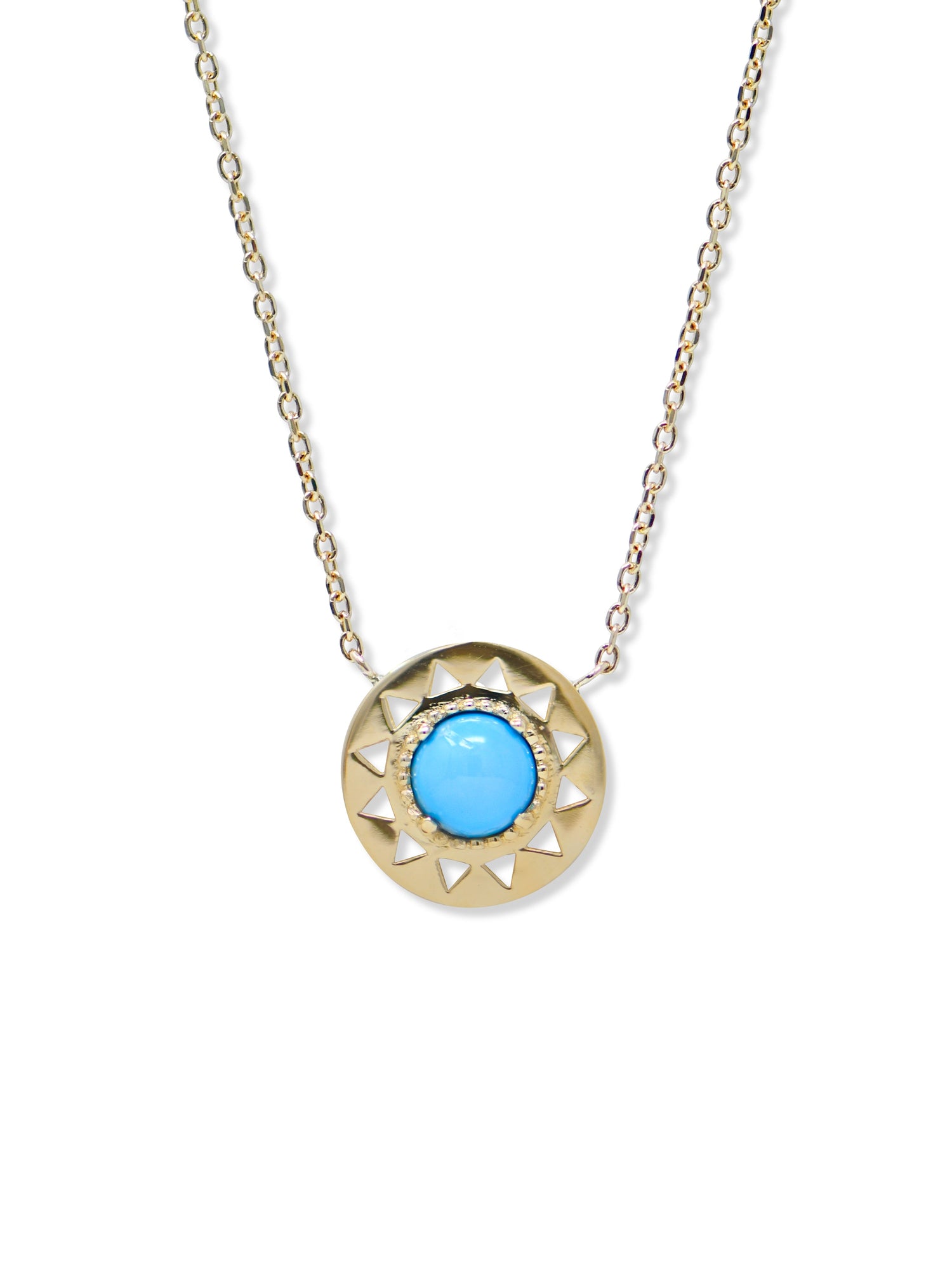 Aztec Mini Disk Necklace | Turquoise Cabochon | 14K Yellow Gold