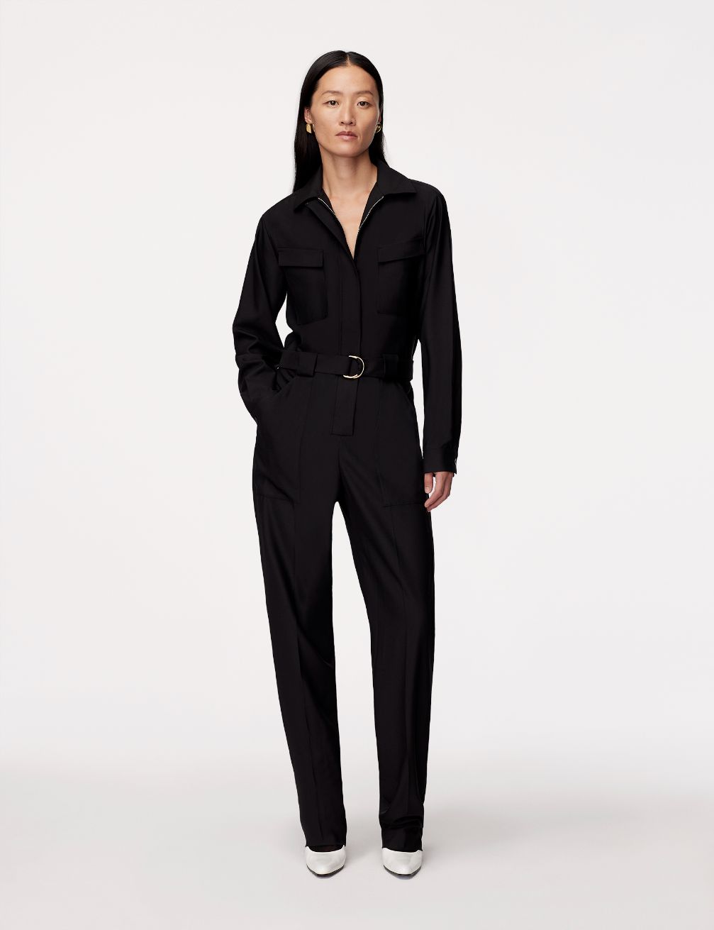 Another Tomorrow Relaxed Utility Jumpsuit in Black – Wool Women's Jumpsuit