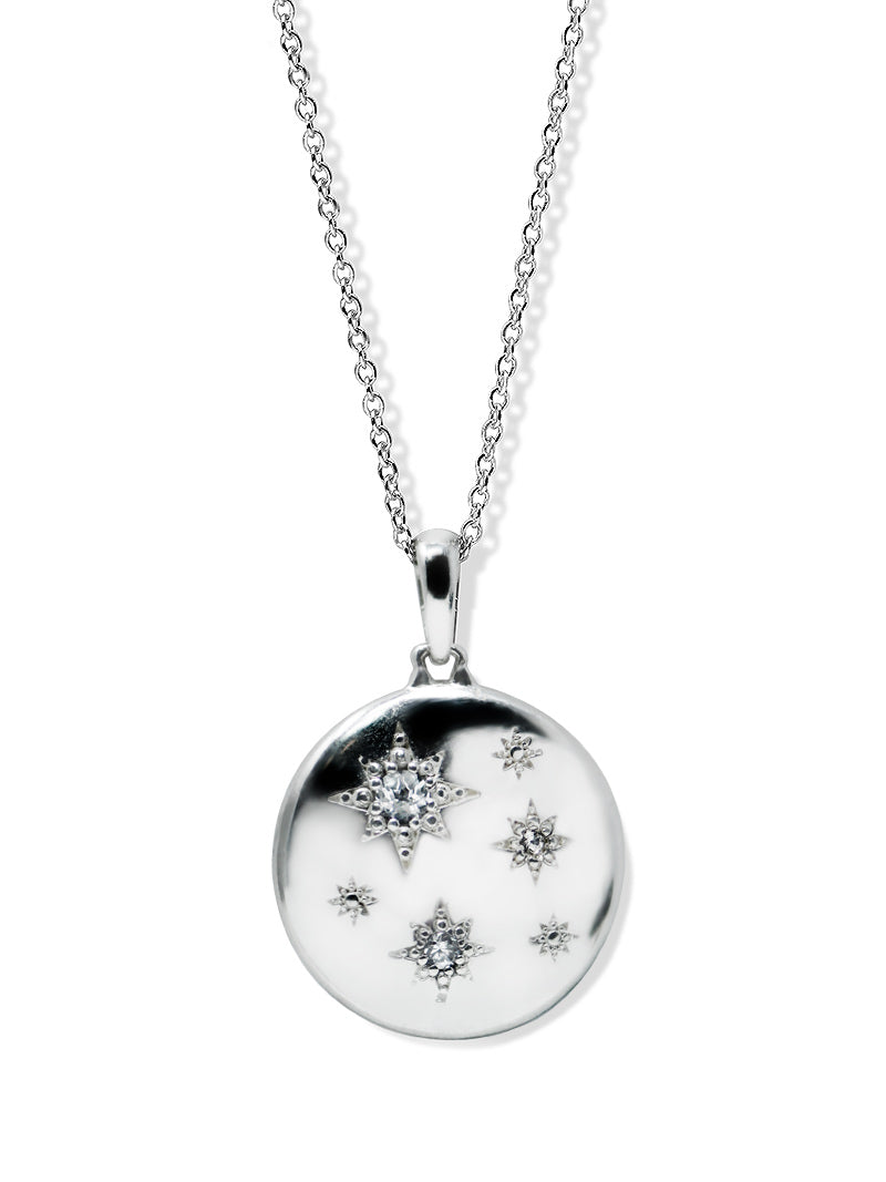 Aztec Constellation North Star Domed Medallion | Clear Topaz | 925 Rhodium Plated Sterling Silver