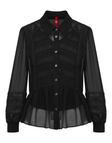 Semi-Sheer Button-Down Blouse | Black
