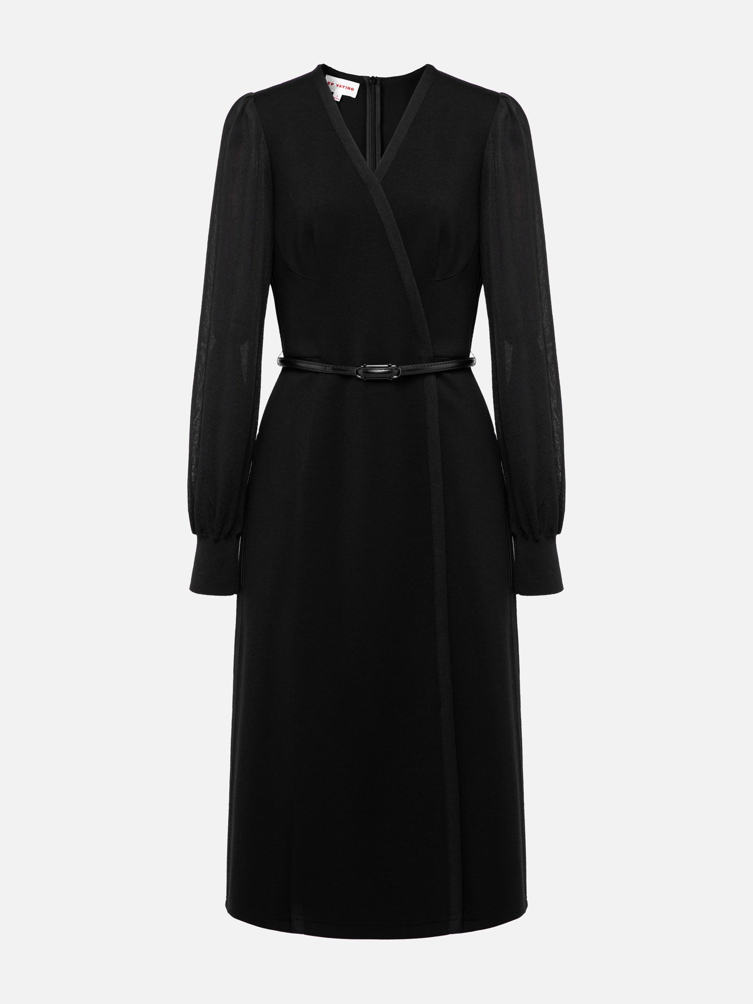 V-Neck Sheer Textured Sleeve Midi Dress | Black