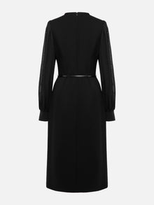 V-Neck Sheer Textured Sleeve Midi Dress | Black