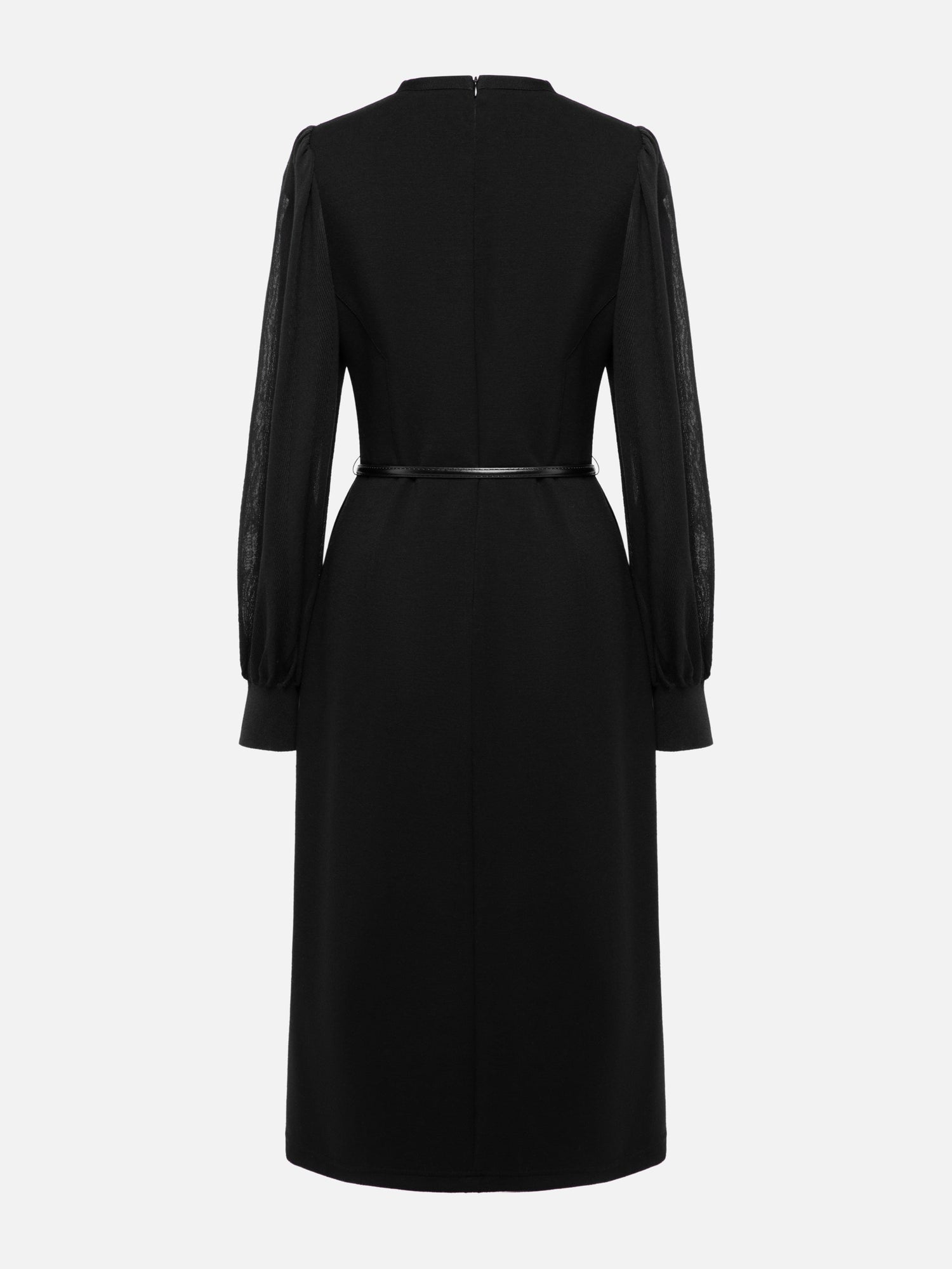 V-Neck Sheer Textured Sleeve Midi Dress | Black