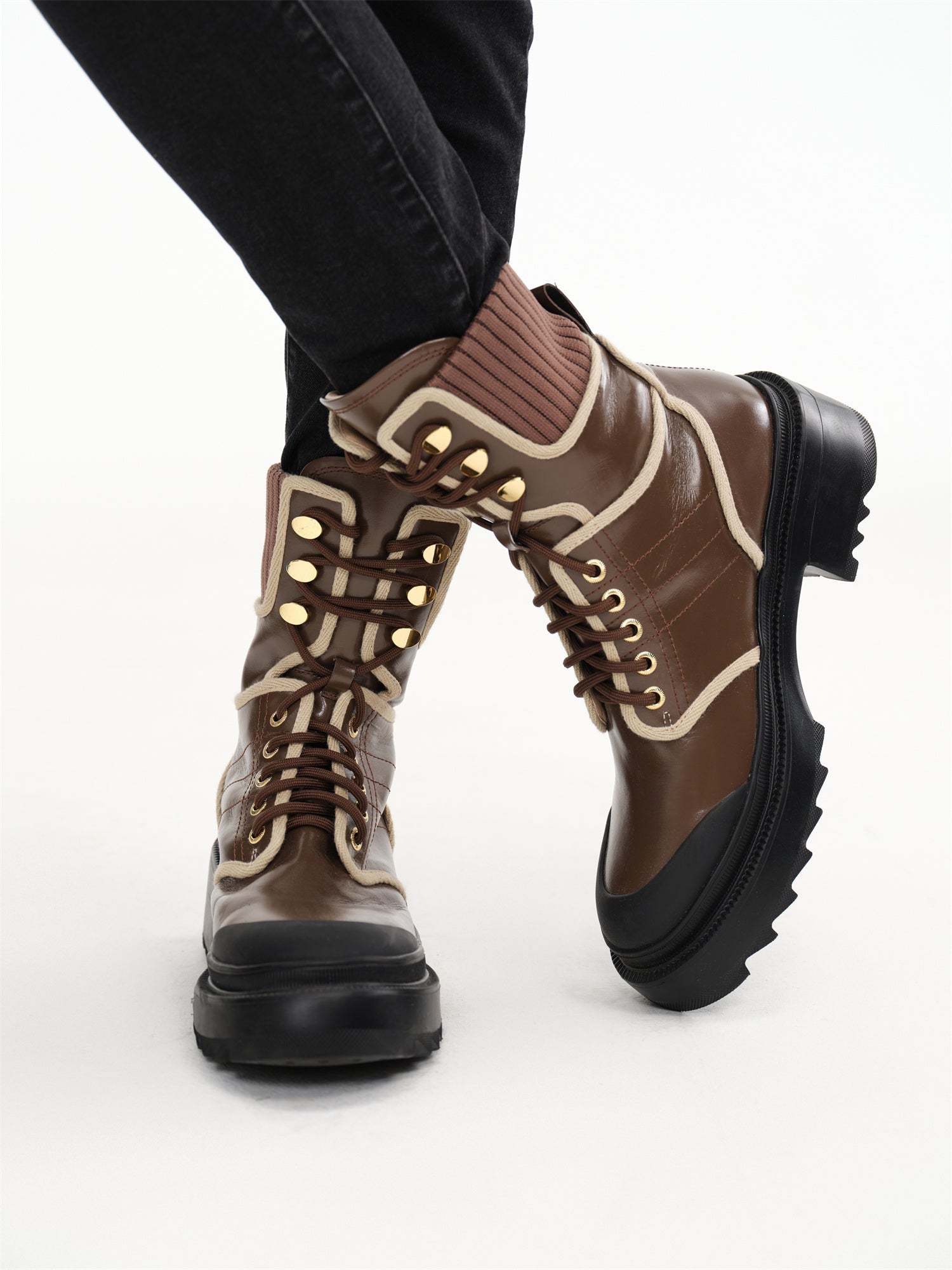 Knit Cuffs Combat Boots | Brown