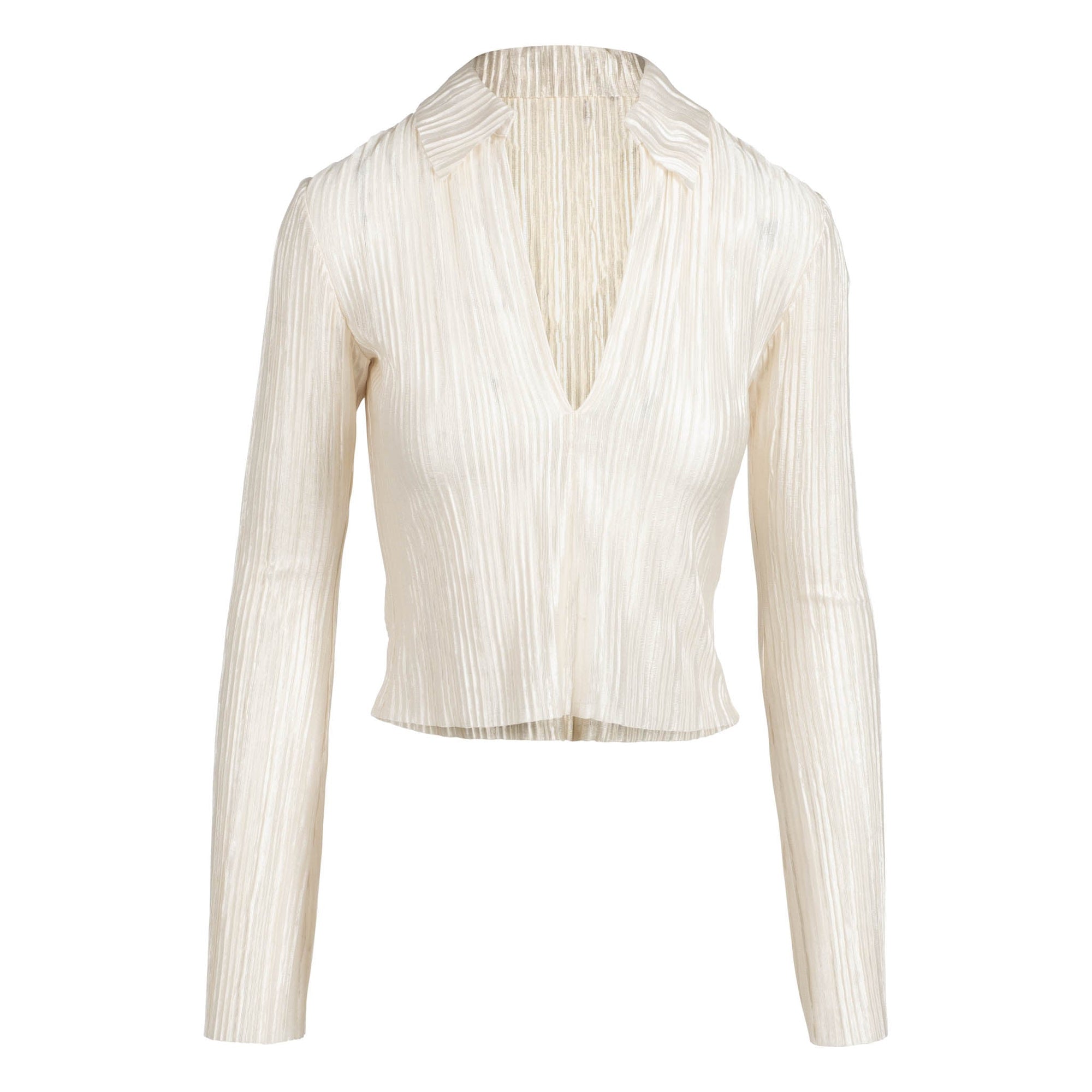 Long Sleeve Pleated Polo Top | Pearl White