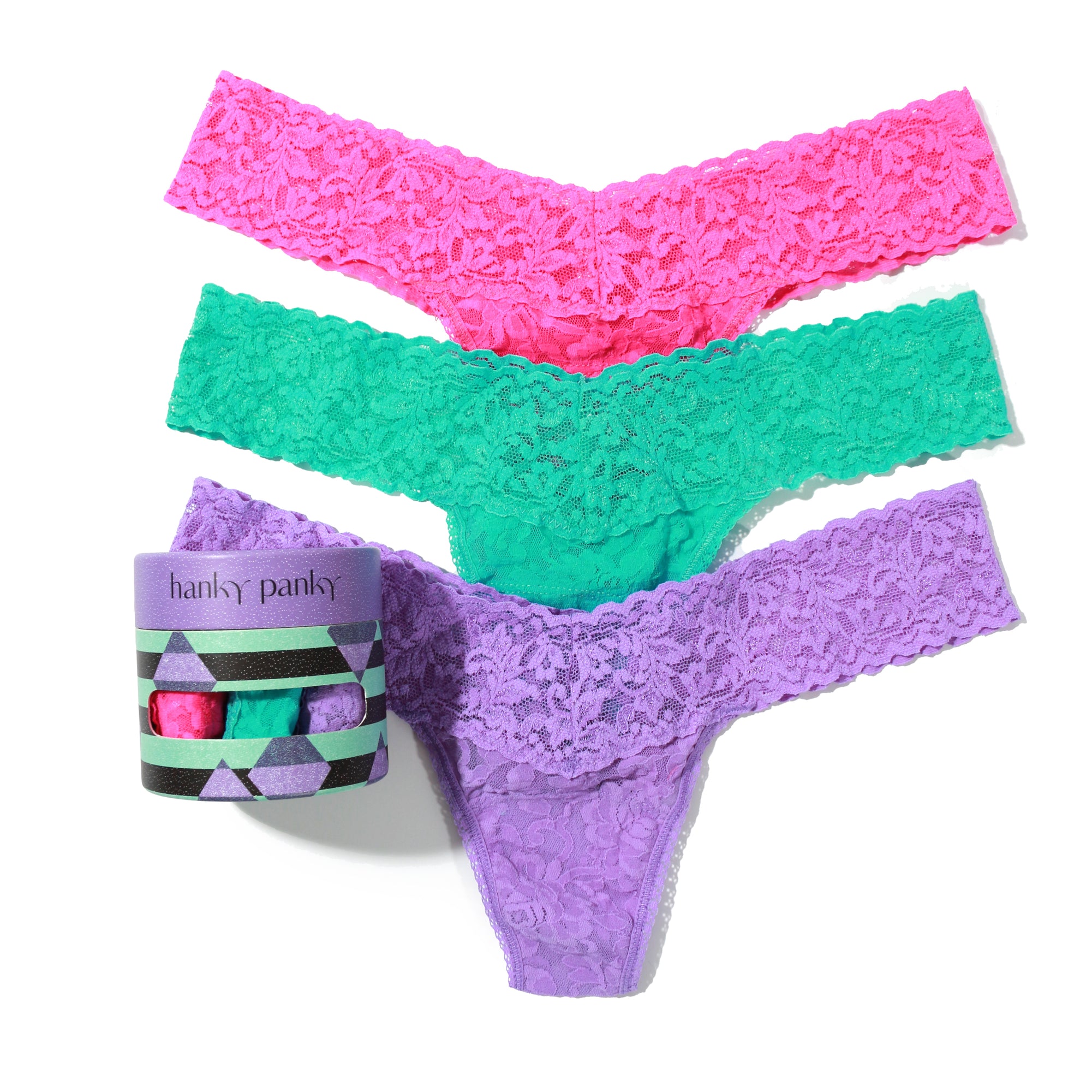 3 Pack Signature Lace Low Rise Thongs | Passionate Pink/Seafoam Blue/Electric Orchid