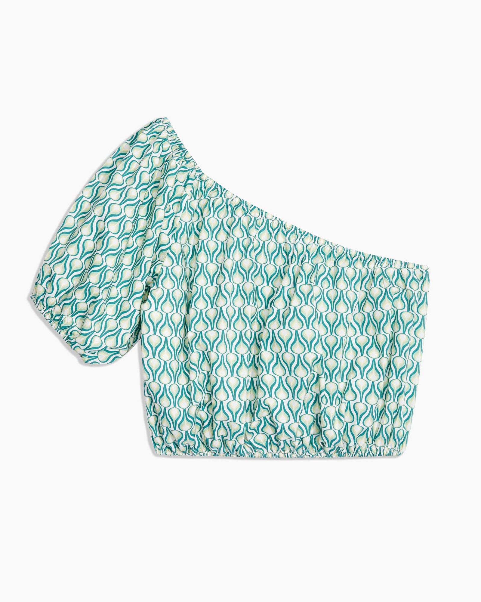 Womens | Poplin One Shoulder Top | Deep-Sea-Multi-Flame-Geo