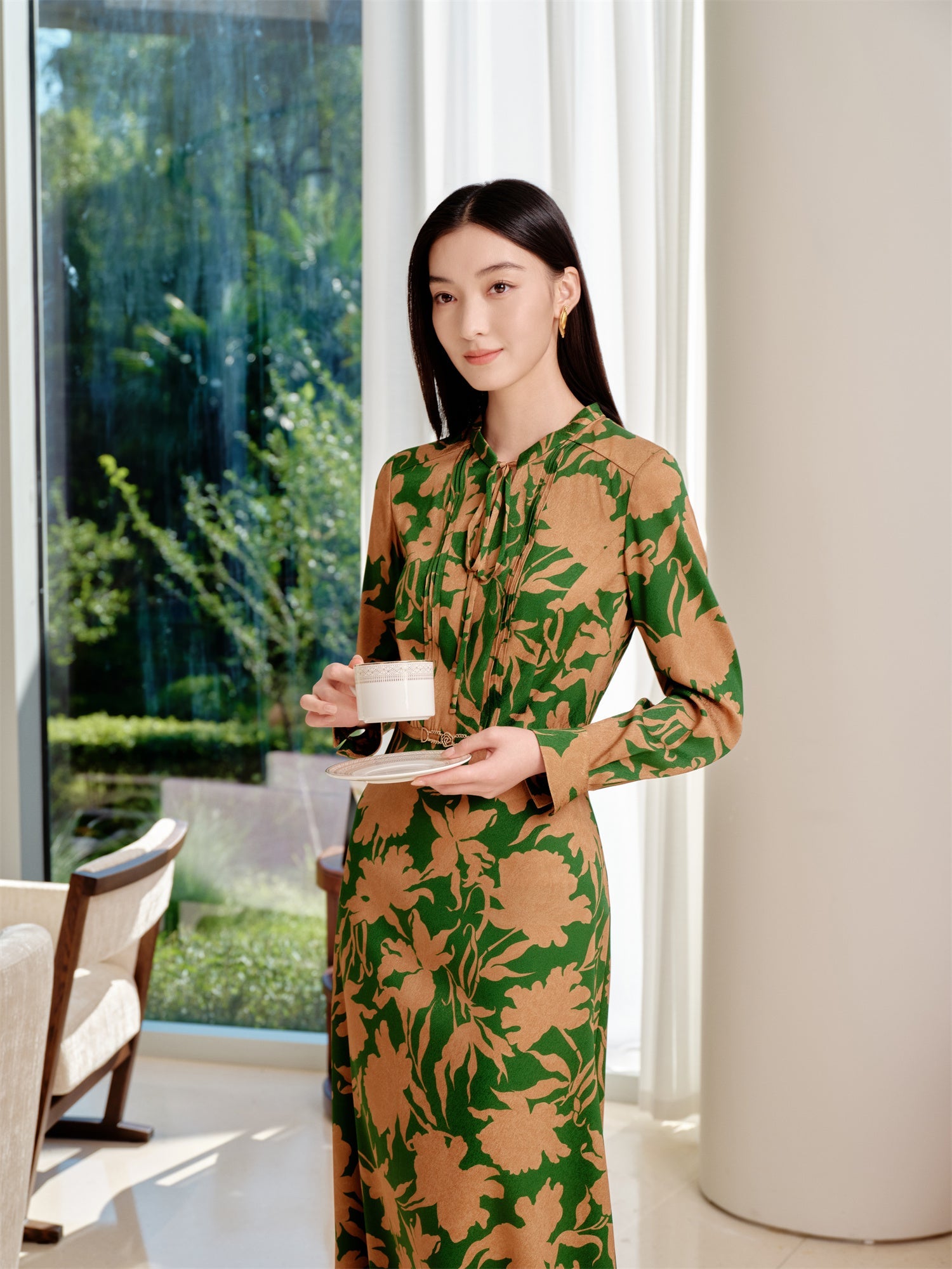 Chinese Style Waist-Cinched Dress | Green