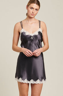 GINIA Silk Chemise With Pintucks and Lace - Smoke