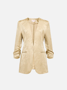 Mulberry Silk Jacquard 3/4 Sleeve Collarless Blazer | Khaki