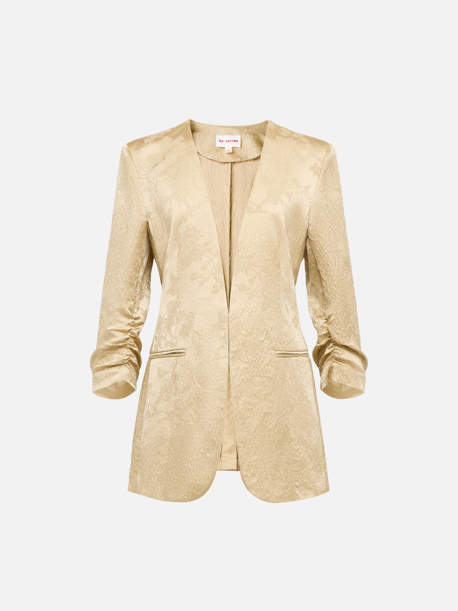 Mulberry Silk Jacquard 3/4 Sleeve Collarless Blazer | Khaki