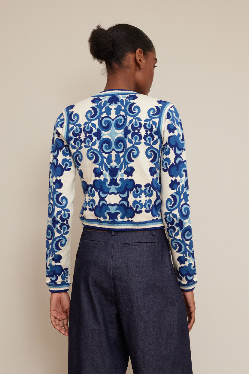 Elisa Cardigan | Venice Scroll Blue