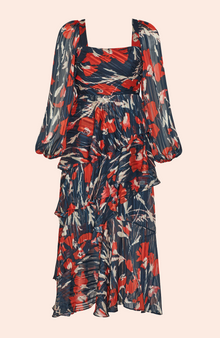 Metallic Floral Square Neck Dress | Navy Multi