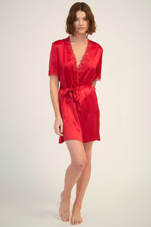 Silk Short Wrap Gown with Lace Trim | Ruby