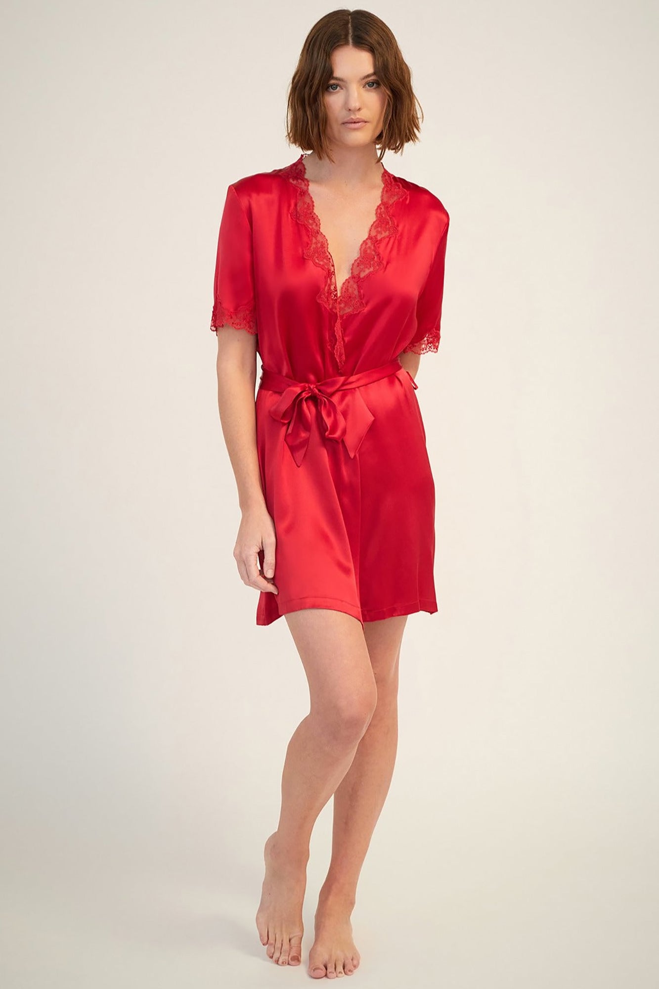 Silk Short Wrap Gown with Lace Trim | Ruby