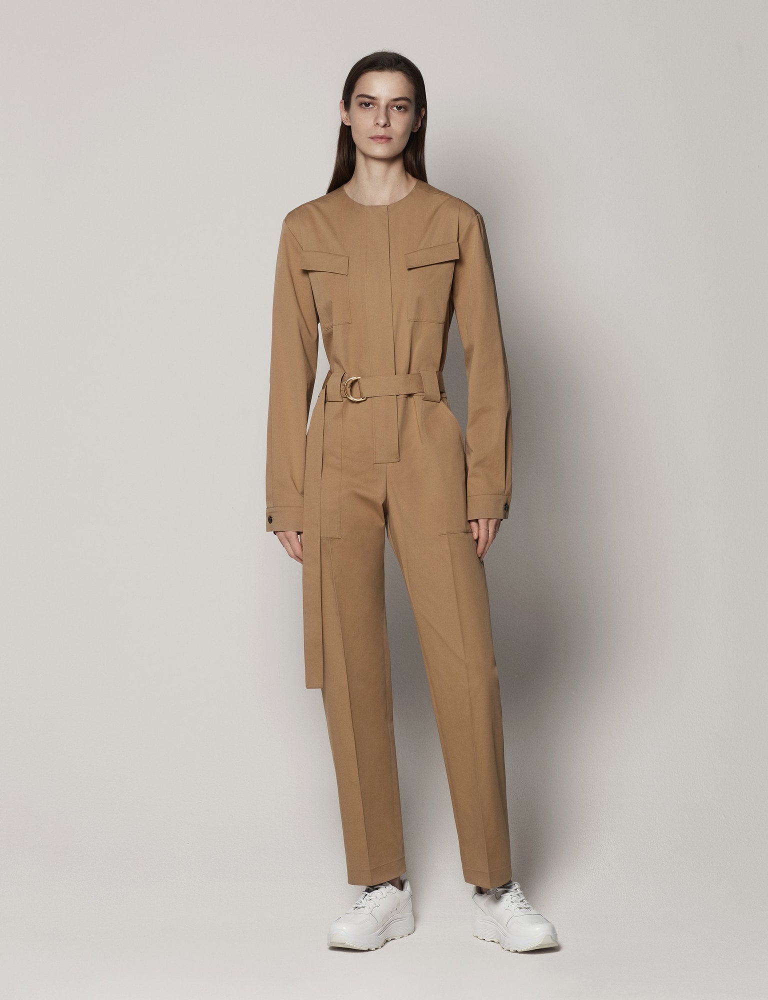 Another Tomorrow Collarless Jumpsuit in Marrone – Cotton Women's Jumpsuit
