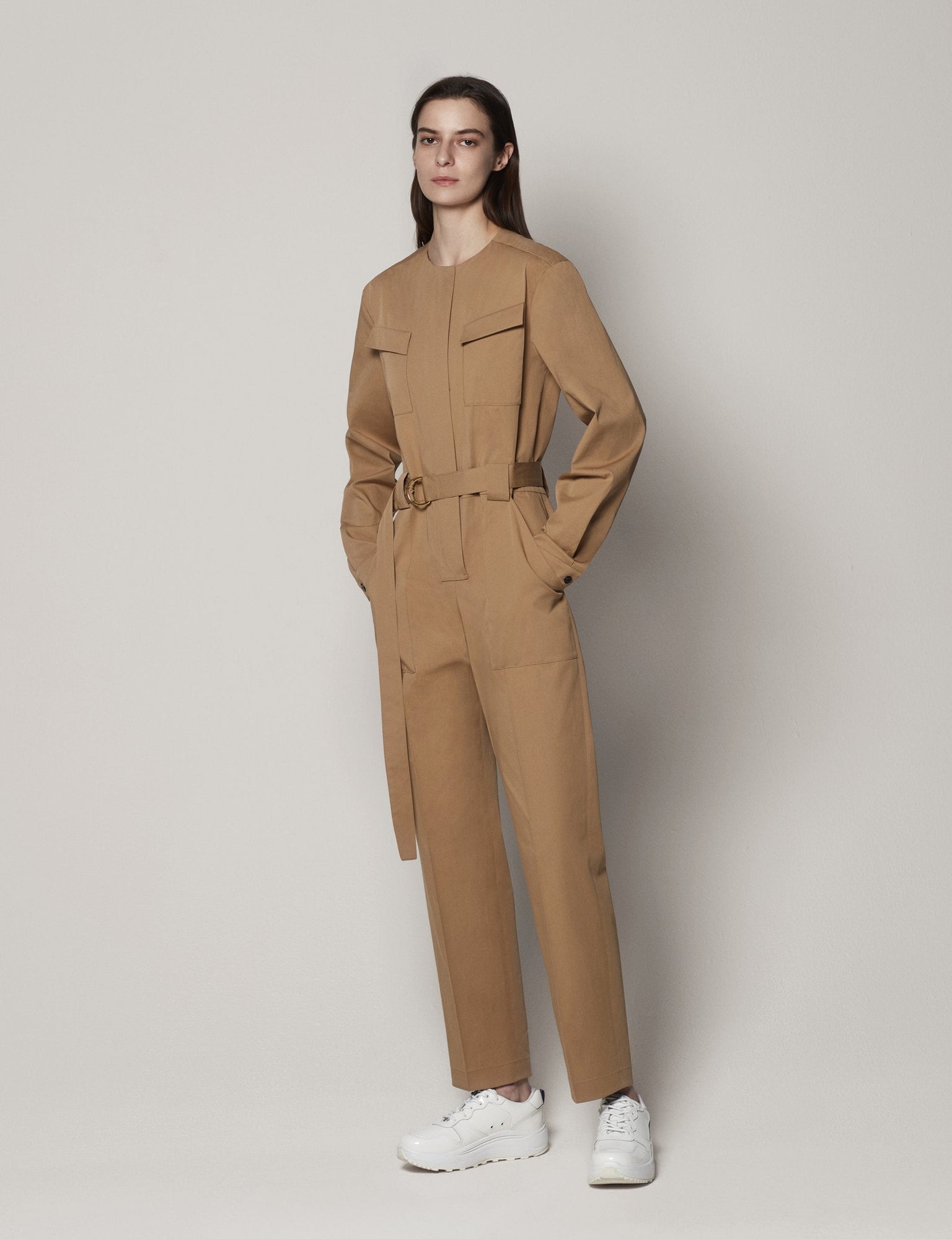 Another Tomorrow Collarless Jumpsuit in Marrone – Cotton Women's Jumpsuit