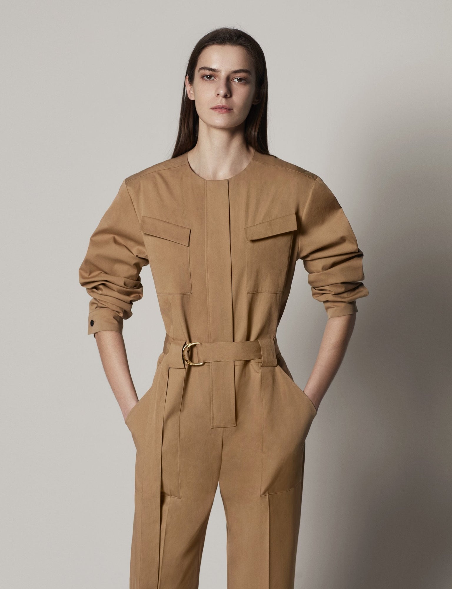 Another Tomorrow Collarless Jumpsuit in Marrone – Cotton Women's Jumpsuit