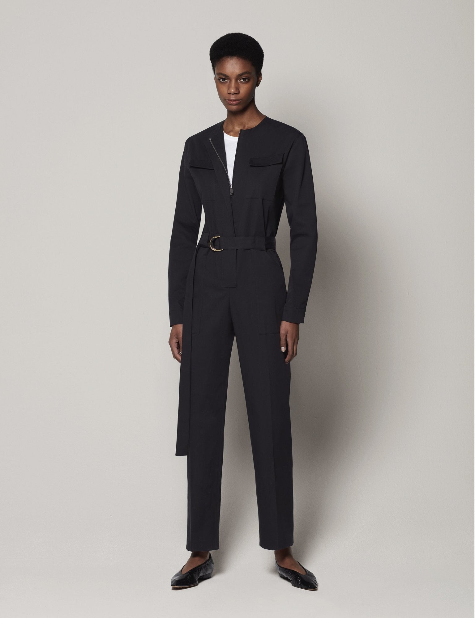 Another Tomorrow Collarless Jumpsuit in Black – Cotton Women's Jumpsuit