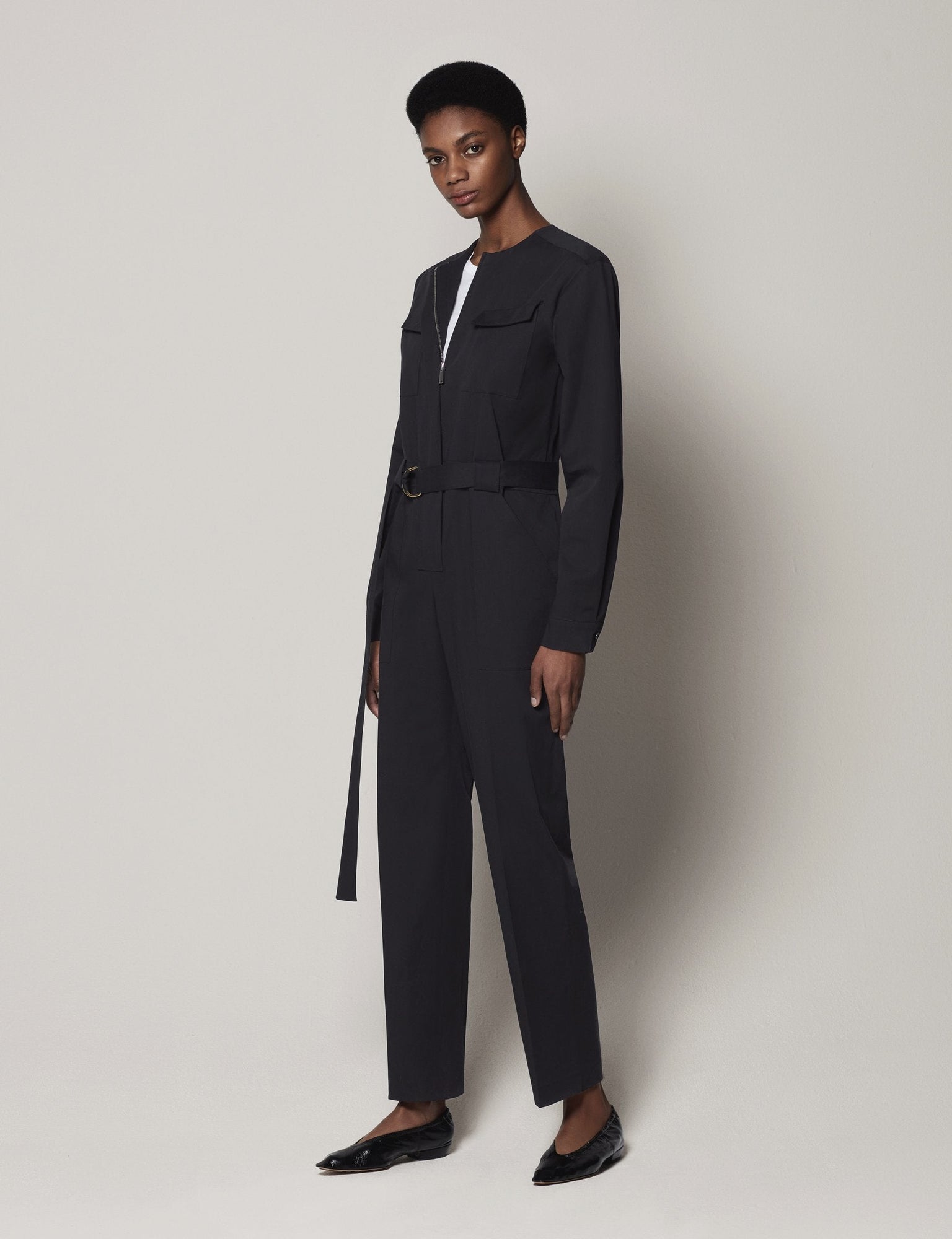 Another Tomorrow Collarless Jumpsuit in Black – Cotton Women's Jumpsuit