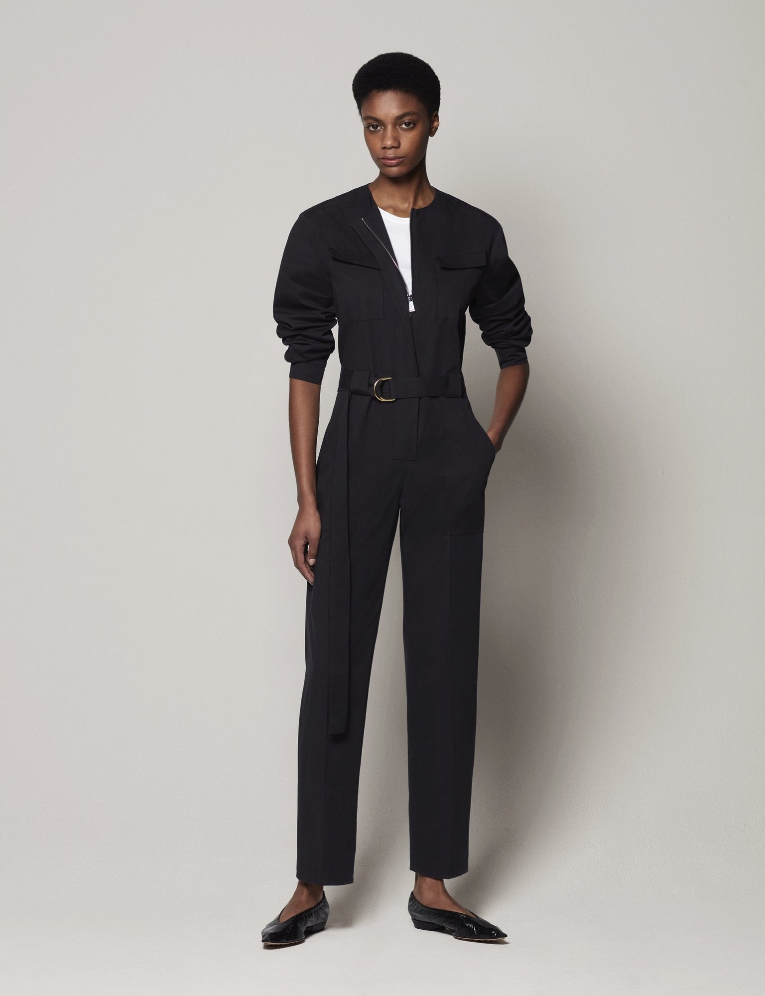 Another Tomorrow Collarless Jumpsuit in Black – Cotton Women's Jumpsuit