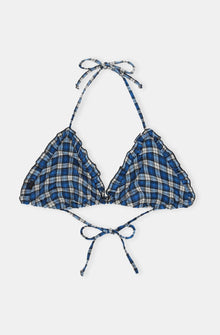 Seersucker String Bikini Top | Check Azure Blue