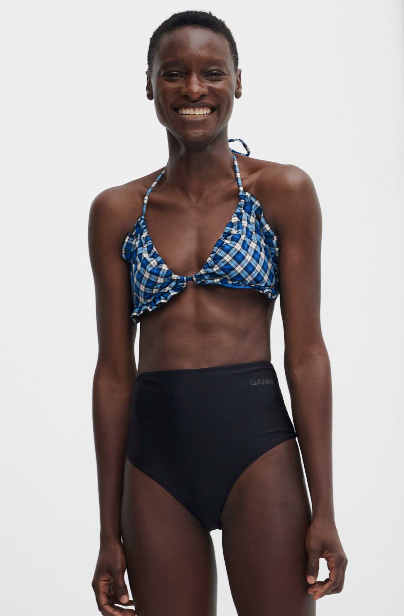 Seersucker String Bikini Top | Check Azure Blue