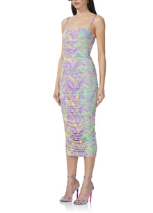 women's fitted mesh knit midi length dress with all over ruching and adjustable straps in neon citrus swirl print