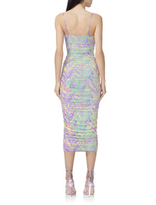 women's fitted mesh knit midi length dress with all over ruching and adjustable straps in neon citrus swirl print