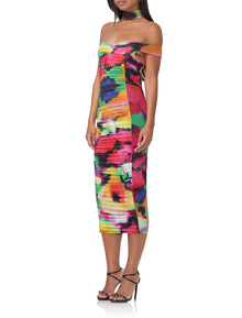 women's midi length fitted dress with removable neck tie in spray floral print