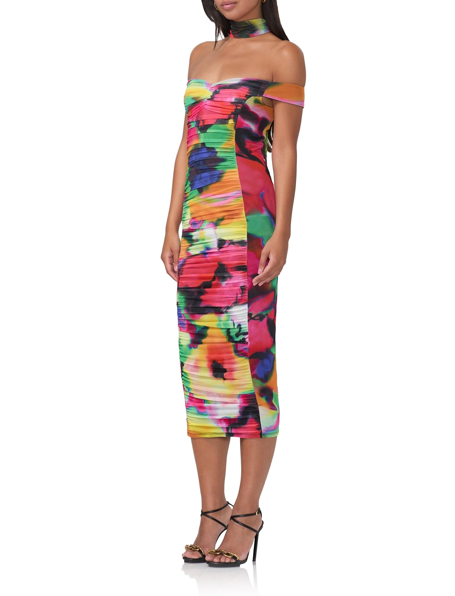 women's midi length fitted dress with removable neck tie in spray floral print