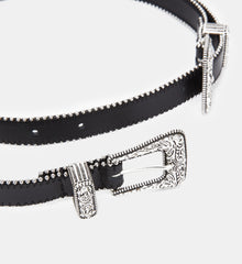 Leather Belt With Double Western Rhinestone Buckle | Women | Black