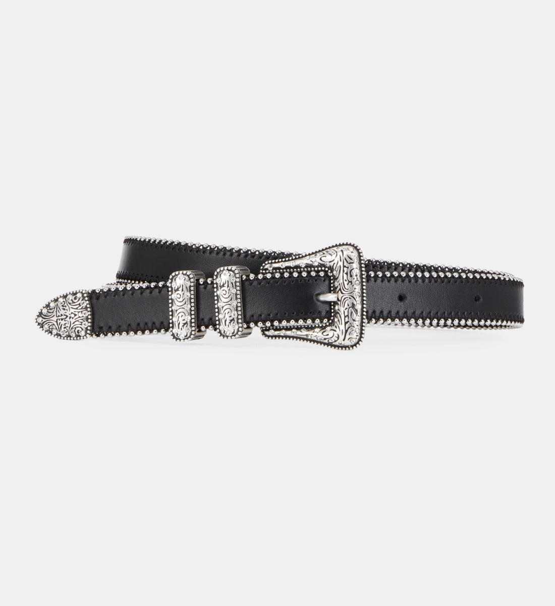 Bead-Edged Leather Belt With Rhinestone Western Buckle | Women | Black