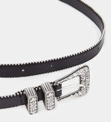 Bead-Edged Leather Belt With Rhinestone Western Buckle | Women | Black