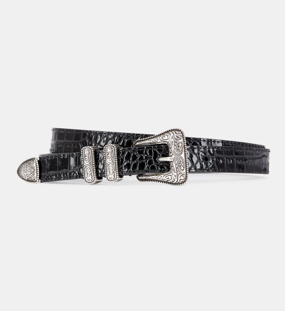 Crocodile Effect Leather Belt With Western Buckle | Women | Black