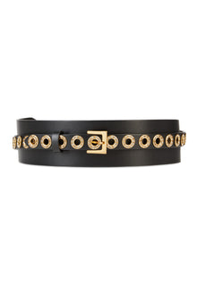 Wide Leather Belt With Eyelets And Rhinestones | Women | Black