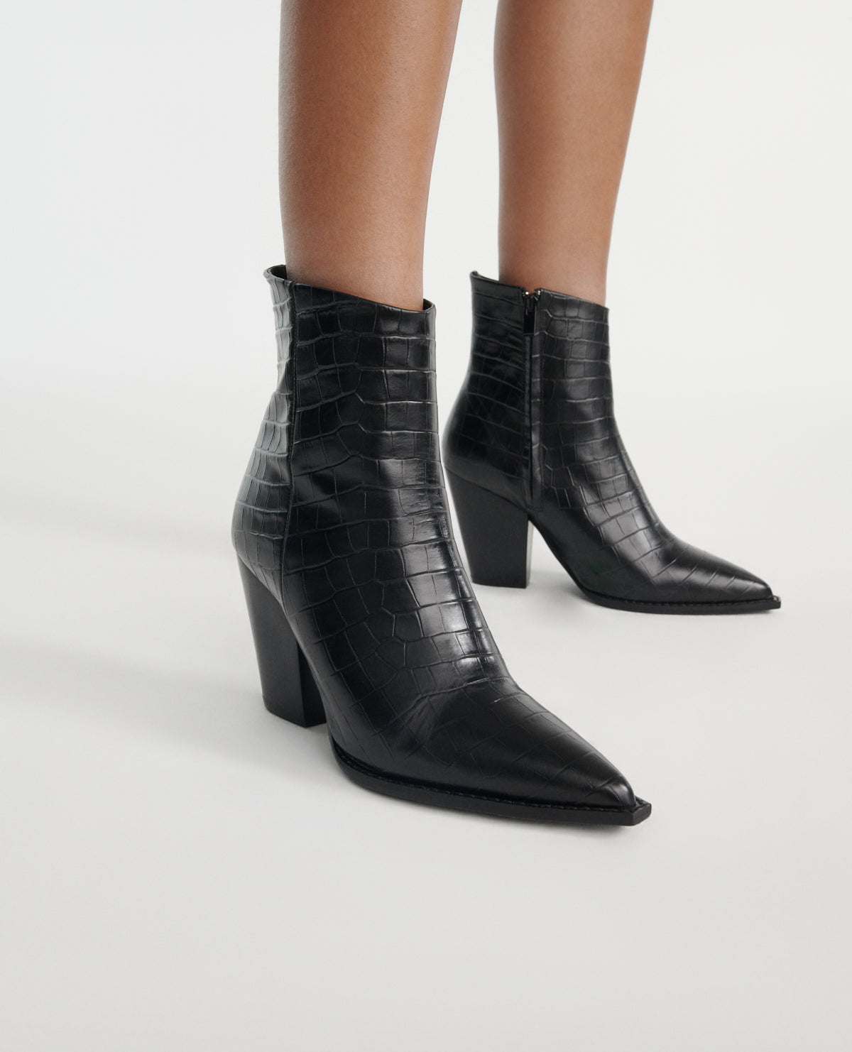 Heeled Croc-Effect Leather Ankle Boots | Women | Black