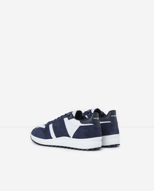 Leather Mesh Blue And White Retro Trainers | Women | Beige x Navy