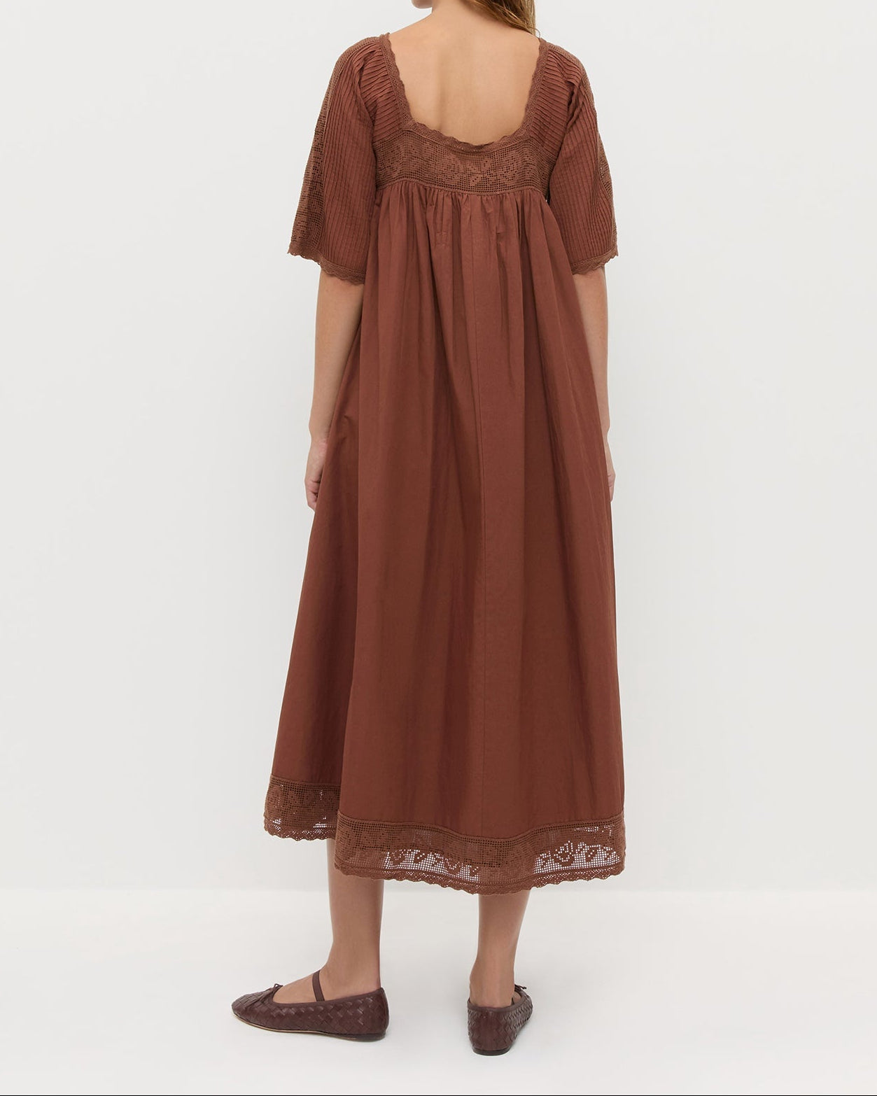 Althea Dress in chestnut brown cotton and Leonie Espresso Woven Leather Ballet Flat.